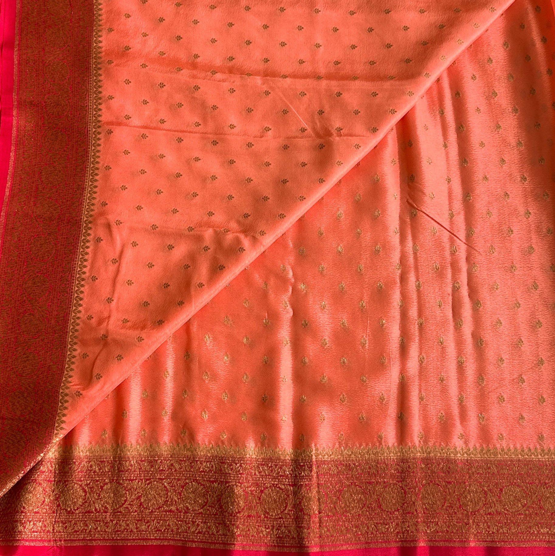 Magenta Silk Brocade Saree Gold Paisley Peach Buti Wedding Traditional