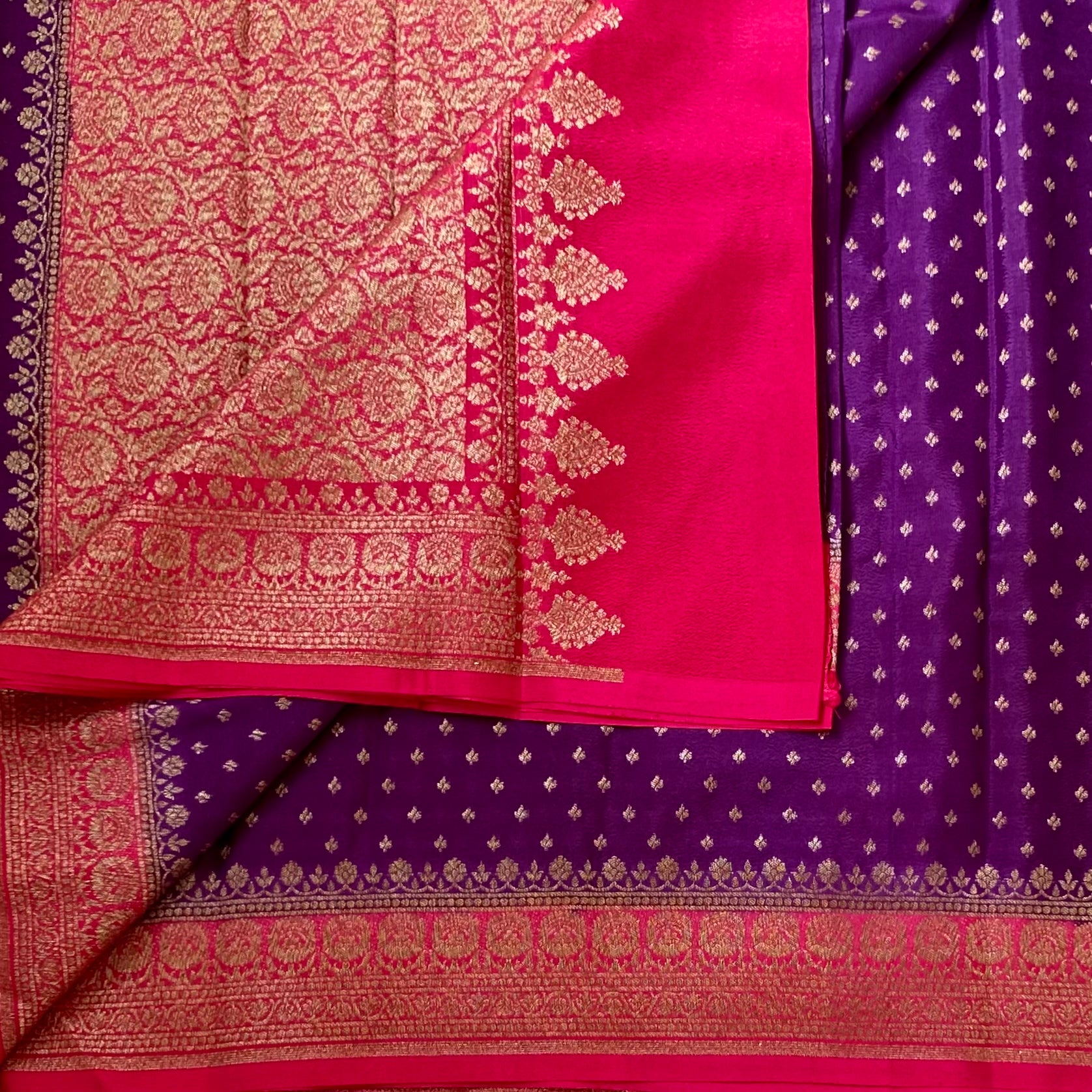 Traditional Purple Magenta Saree Gold Brocade Contrast Border Festive Wear