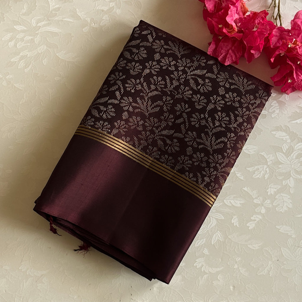 Burgundy Gold Zari Woven Saree with Floral Border and Pallu