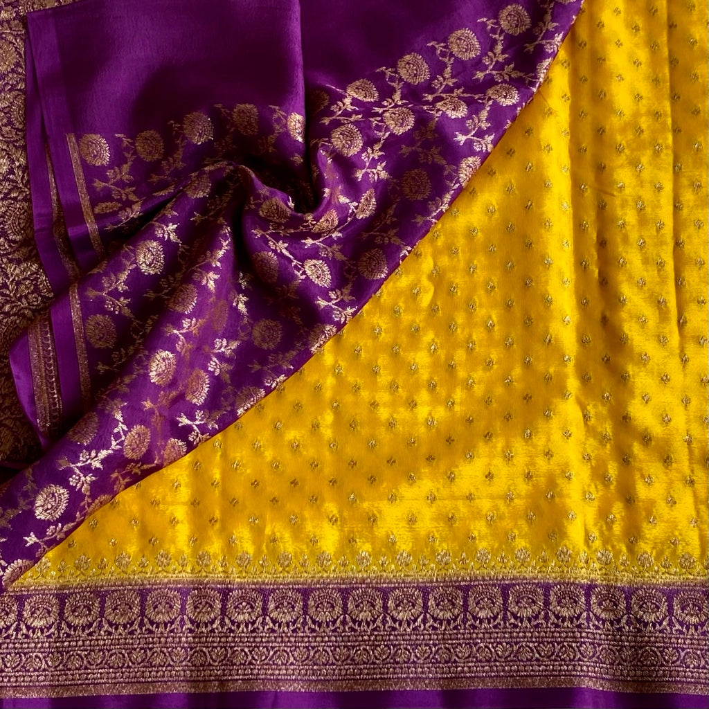 Sunflower Yellow Banarasi Crepe Silk Saree Royal Purple Pallu