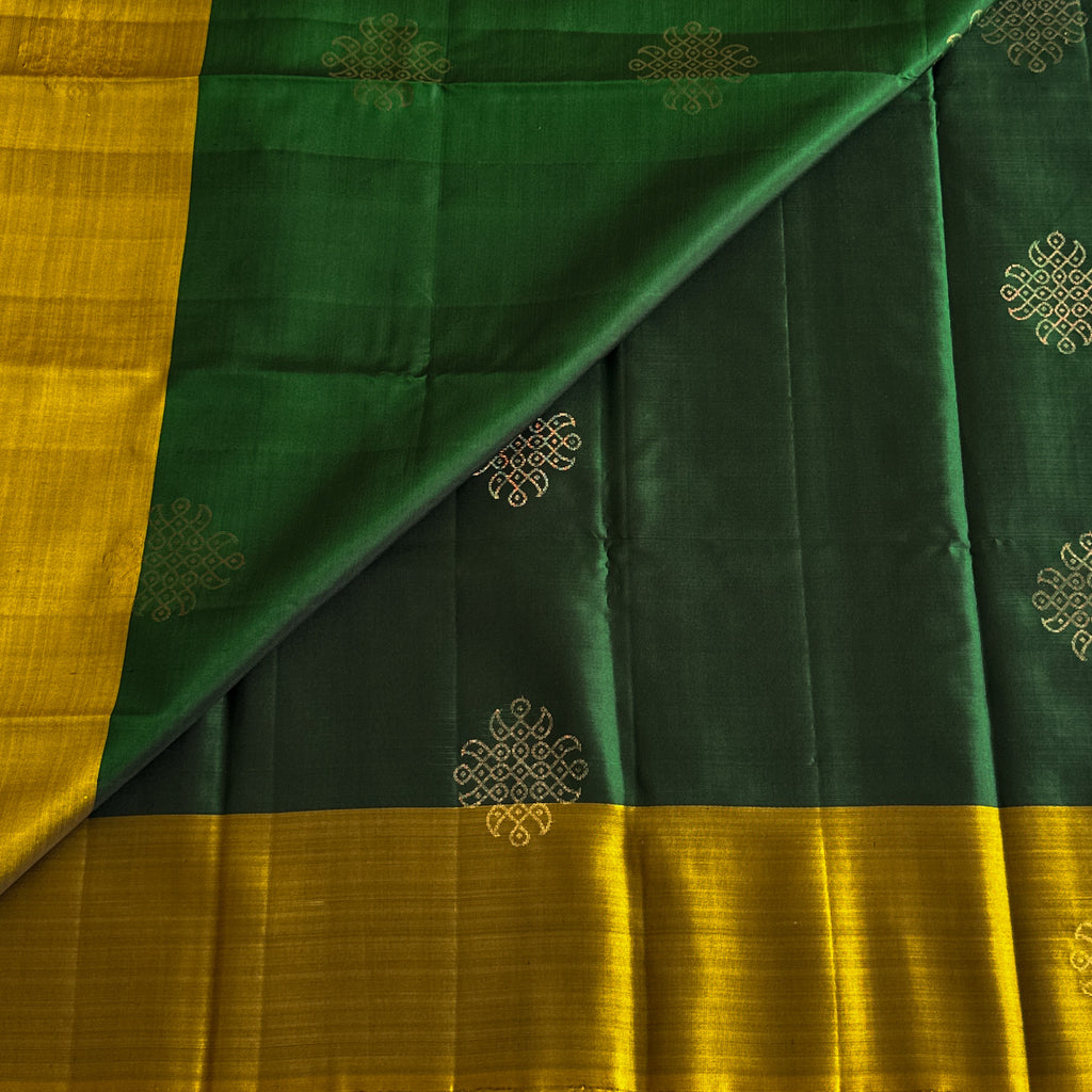 Emerald Green Silk Saree With Mustard Golden Zari Pallu Kollam weave