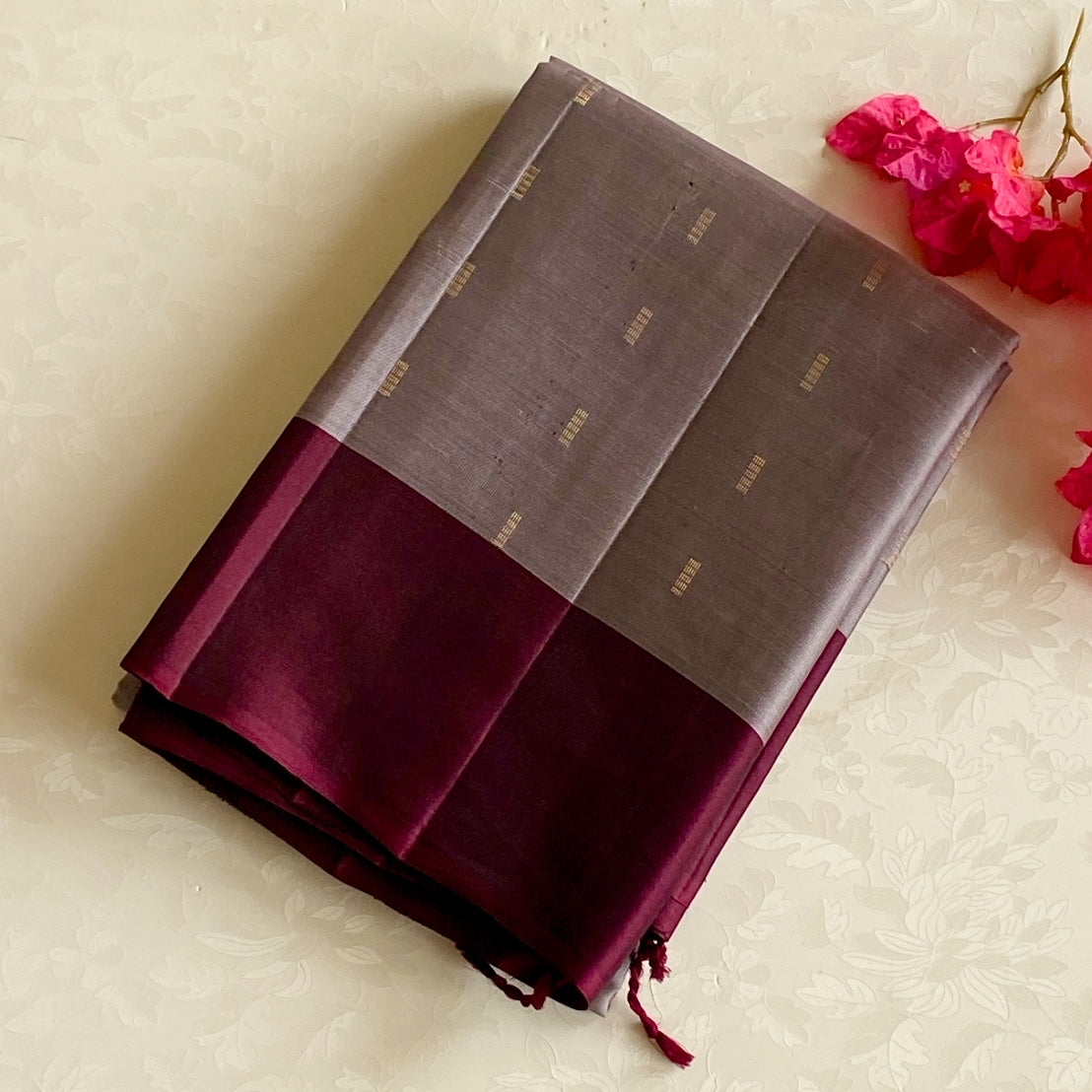 Deep Maroon Gold Brocade Pallu Silvery Grey Saree Traditional Weave