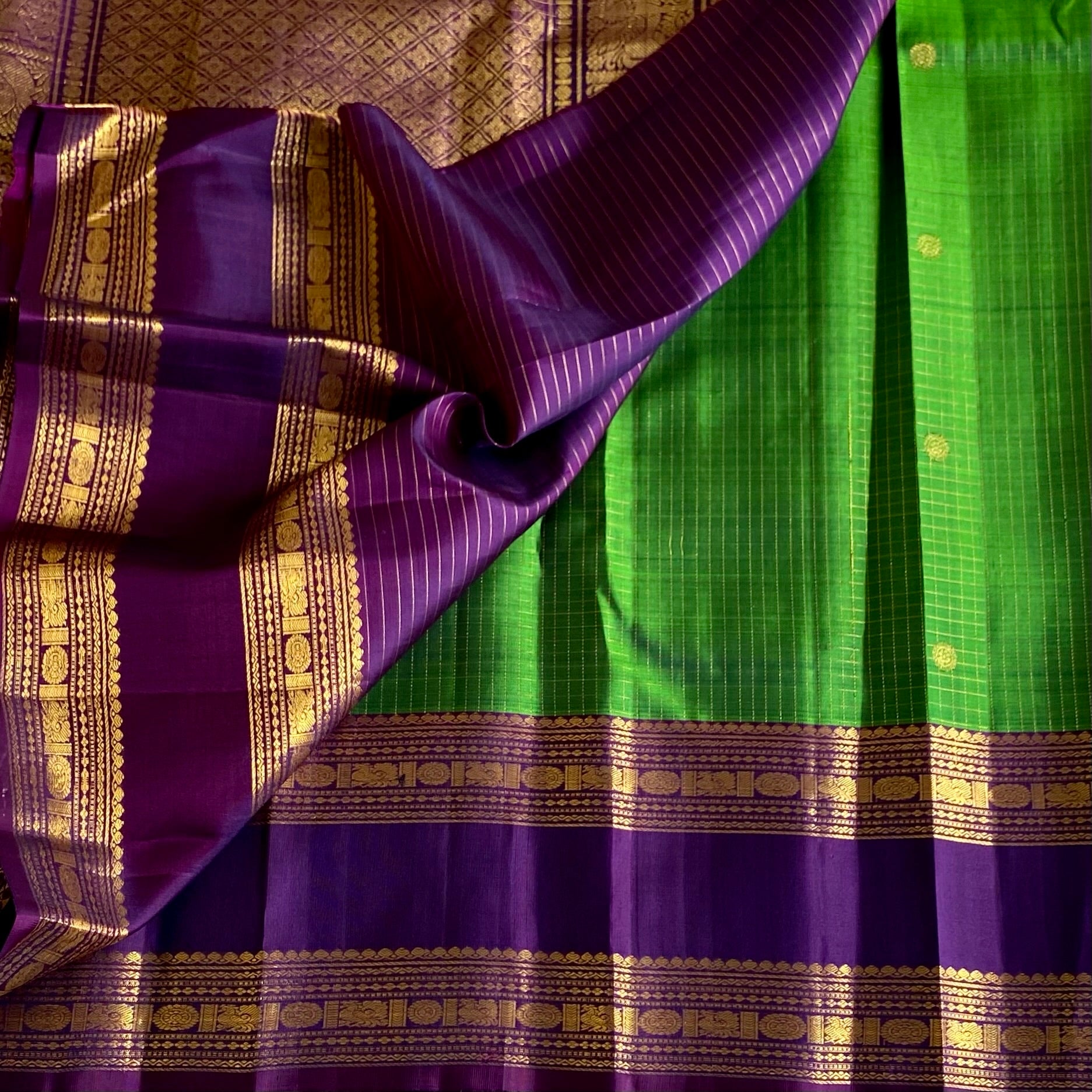 Luxurious Green with Rich Purple Kanjeevaram Pure Zari Silk Microcheckered Weave