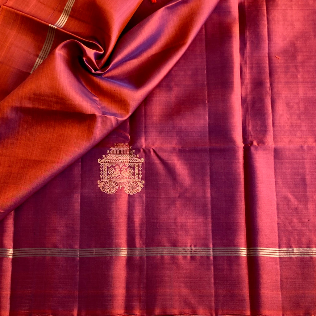 Dual Shaded Rust Magenta Designer Pure Silk With Gold Zari Buttas