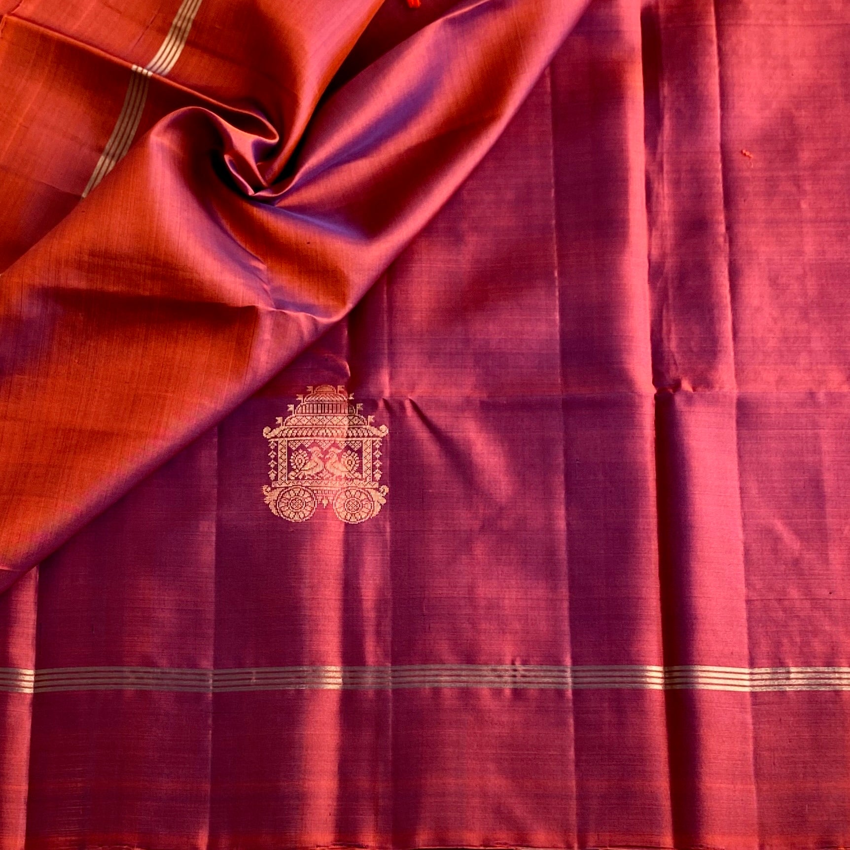 Dual Shaded Rust Magenta Designer Pure Silk With Gold Zari Buttas
