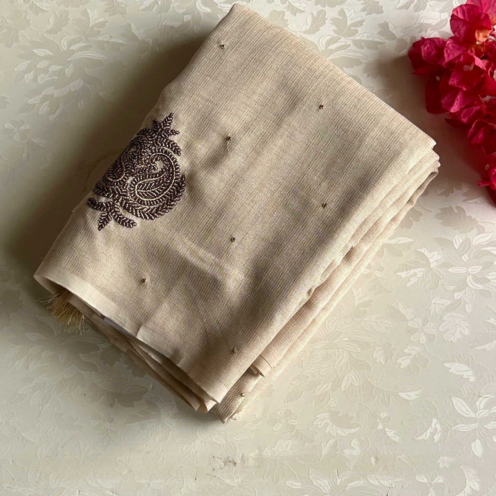 Beige Paisley Embroidered Silk Saree with Macrame Tassels Gold Buti