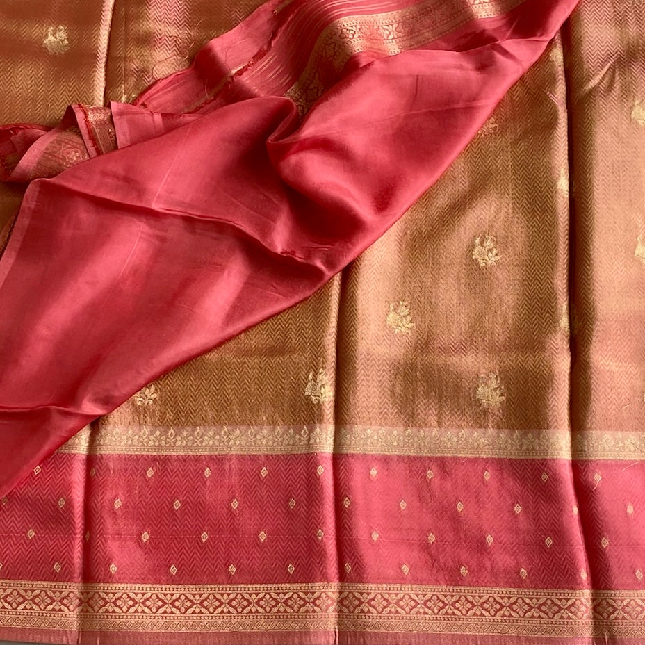 Copper Brown Soft Tussar Silk Saree With Rani Pink Pallu
