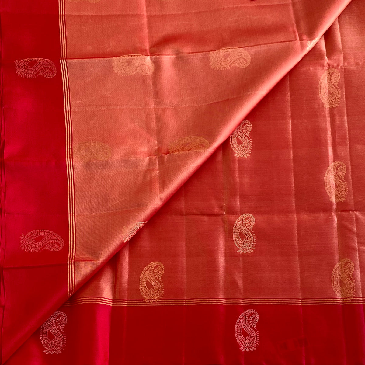 Deep Coral Designer Pure Silk Saree With Crimson Red Pallu