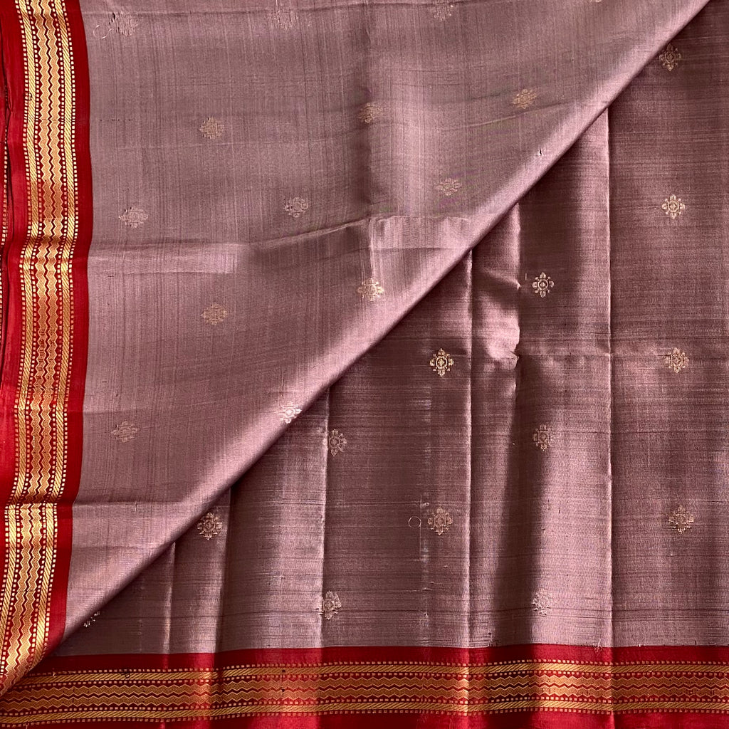 Taupe Designer Pure Silk Saree With Crimson Red Pallu