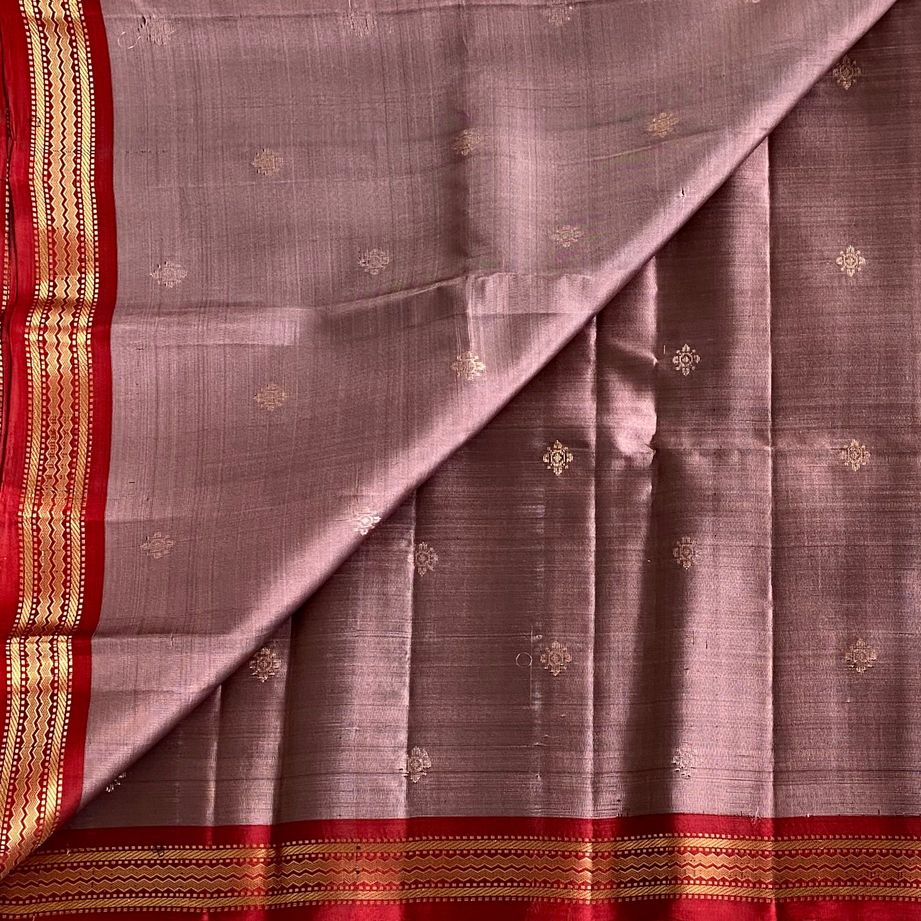 Taupe Designer Pure Silk Saree With Crimson Red Pallu