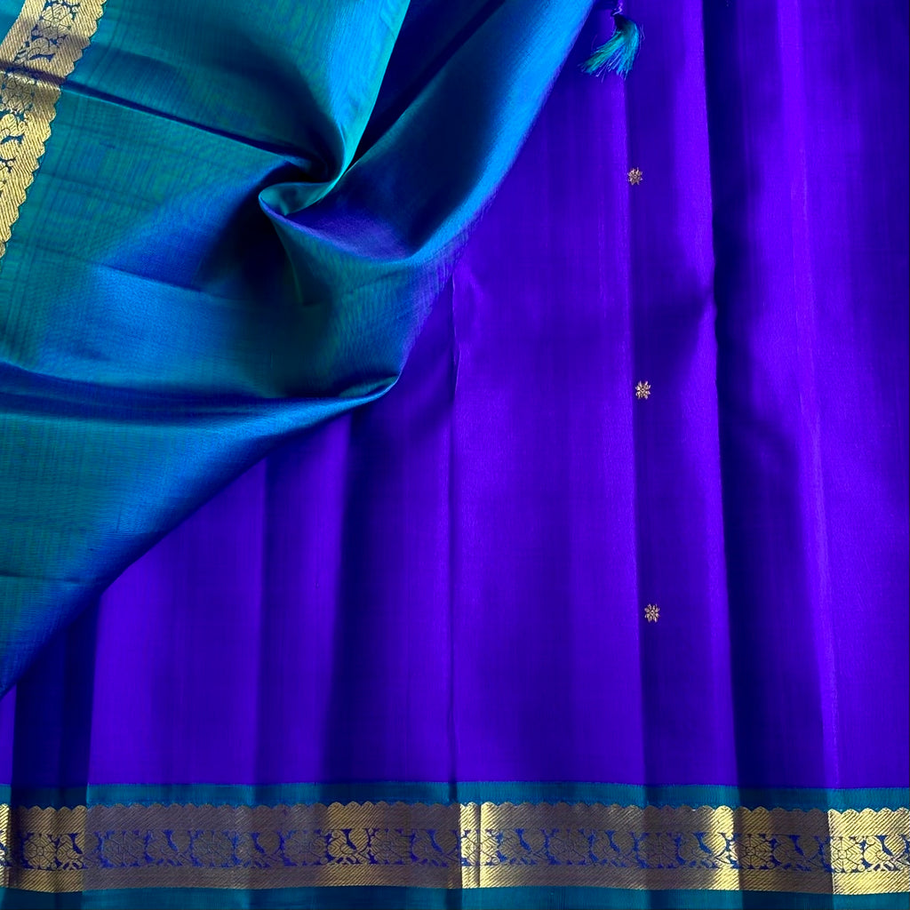 Royal Bluish Purple Kanjeevaram Pure Zari Silk Saree With Turquoise Pallu