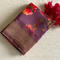 Metallic Lavender Jute Tussar Silk With Antique Zari Pallu & Dreamy Prints