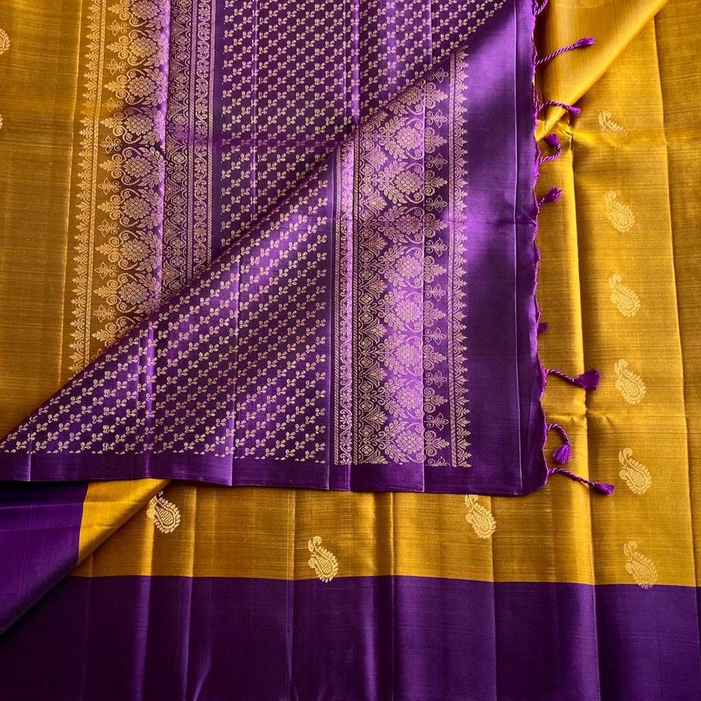 Mustard Gold Designer Pure Silk Saree With Royal Purple Pallu