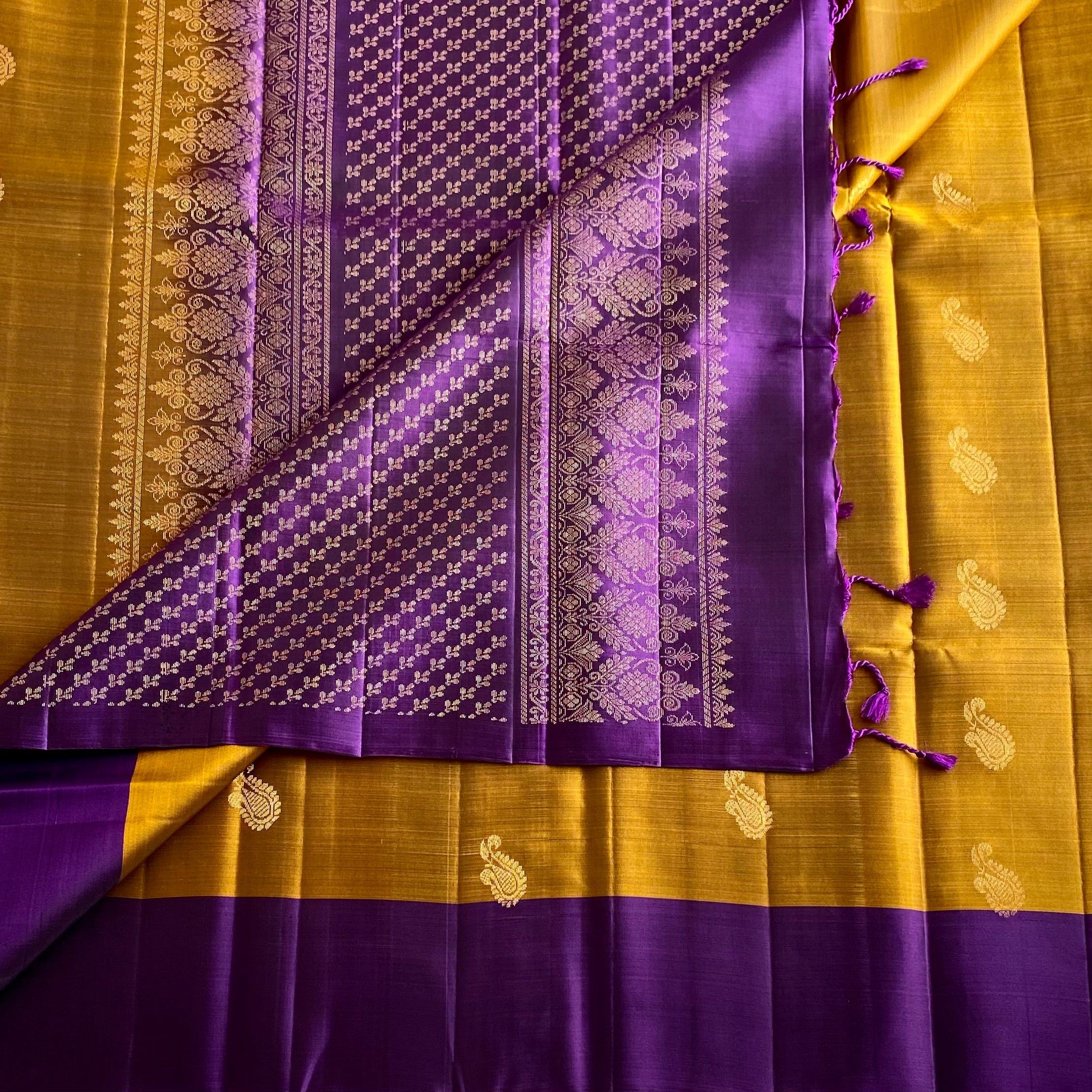 Mustard Gold Designer Pure Silk Saree With Royal Purple Pallu