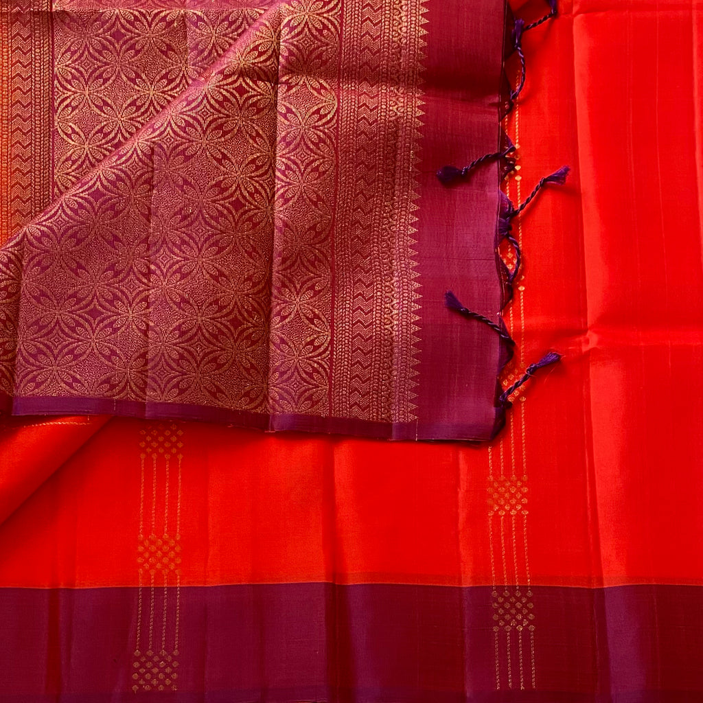 Scarlet Reddish Orange Designer Pure Silk Saree Wine Maroon Zari Border