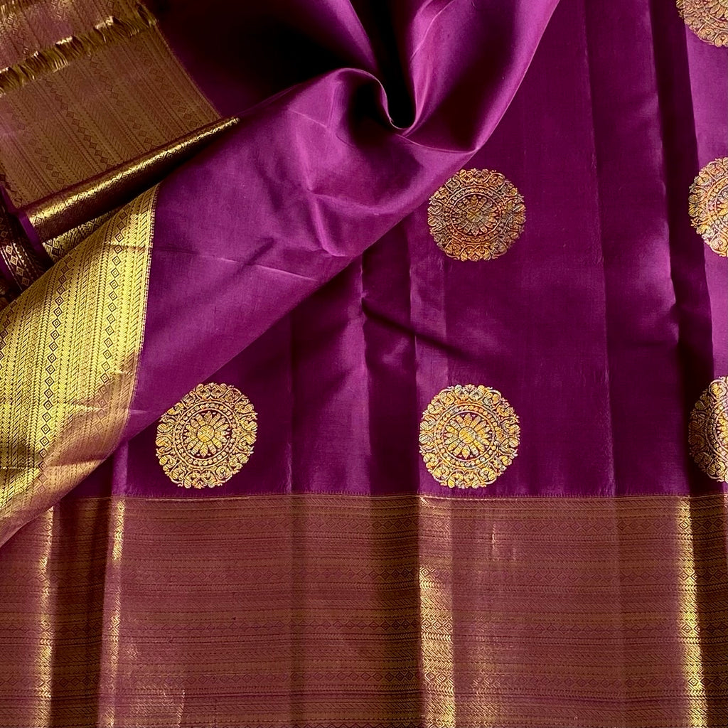 Rich Magenta Designer Pure Silk Saree With Antique Gold Border