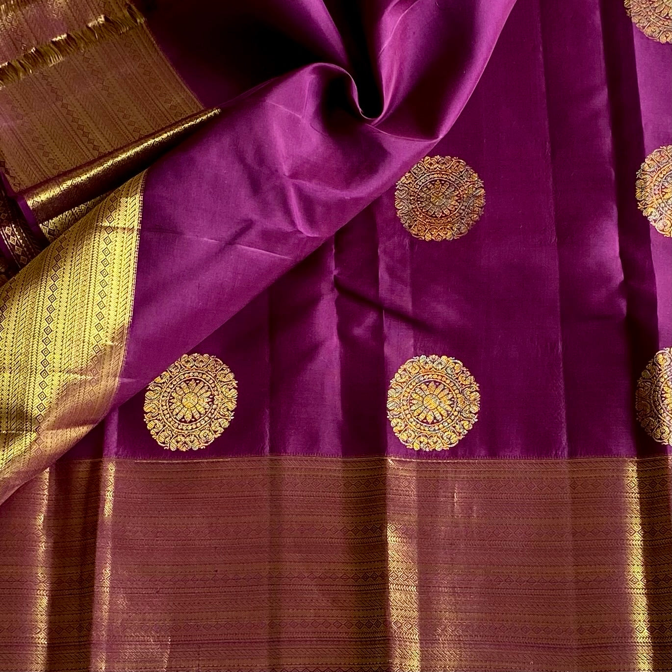 Rich Magenta Designer Pure Silk Saree With Antique Gold Border