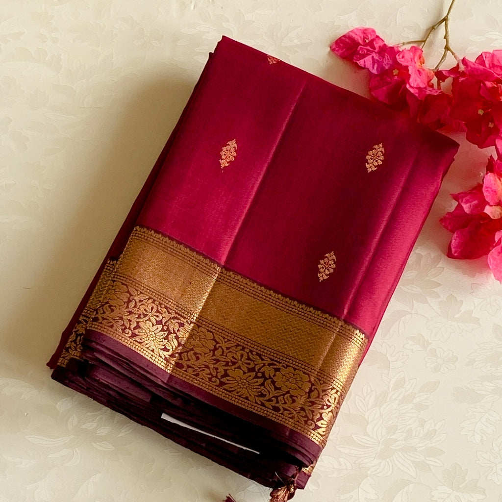 Ruby Magenta Silk Saree Burgundy Pallu Gold Brocade Floral Border