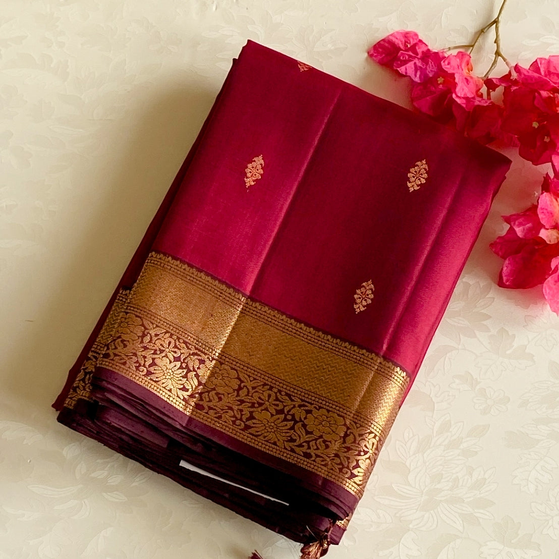 Ruby Magenta Silk Saree Burgundy Pallu Gold Brocade Floral Border