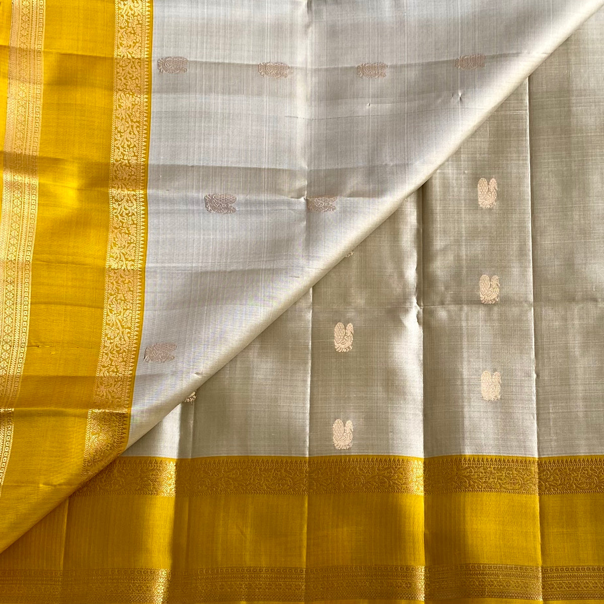 Champagne Beige Designer Pure Silk Saree With Golden Yellow Pallu