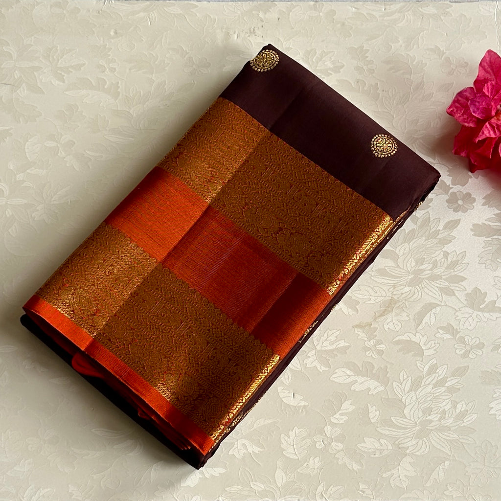 Burnt Orange Brocade Diamond Saree With Aubergine Pallu Gold Zari