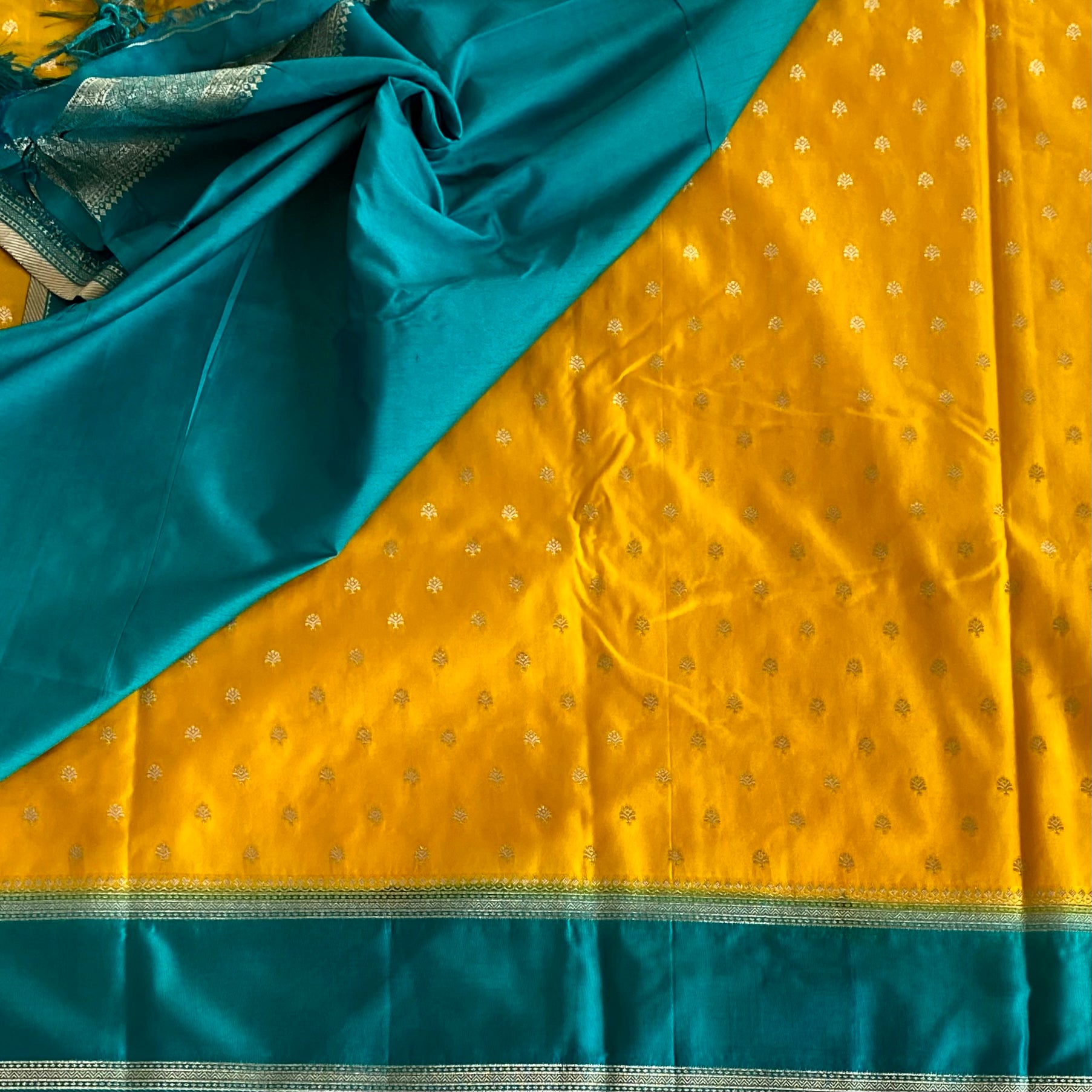 Mustard Yellow Teal Zari Buti Saree with Tassel Pallu Elegant