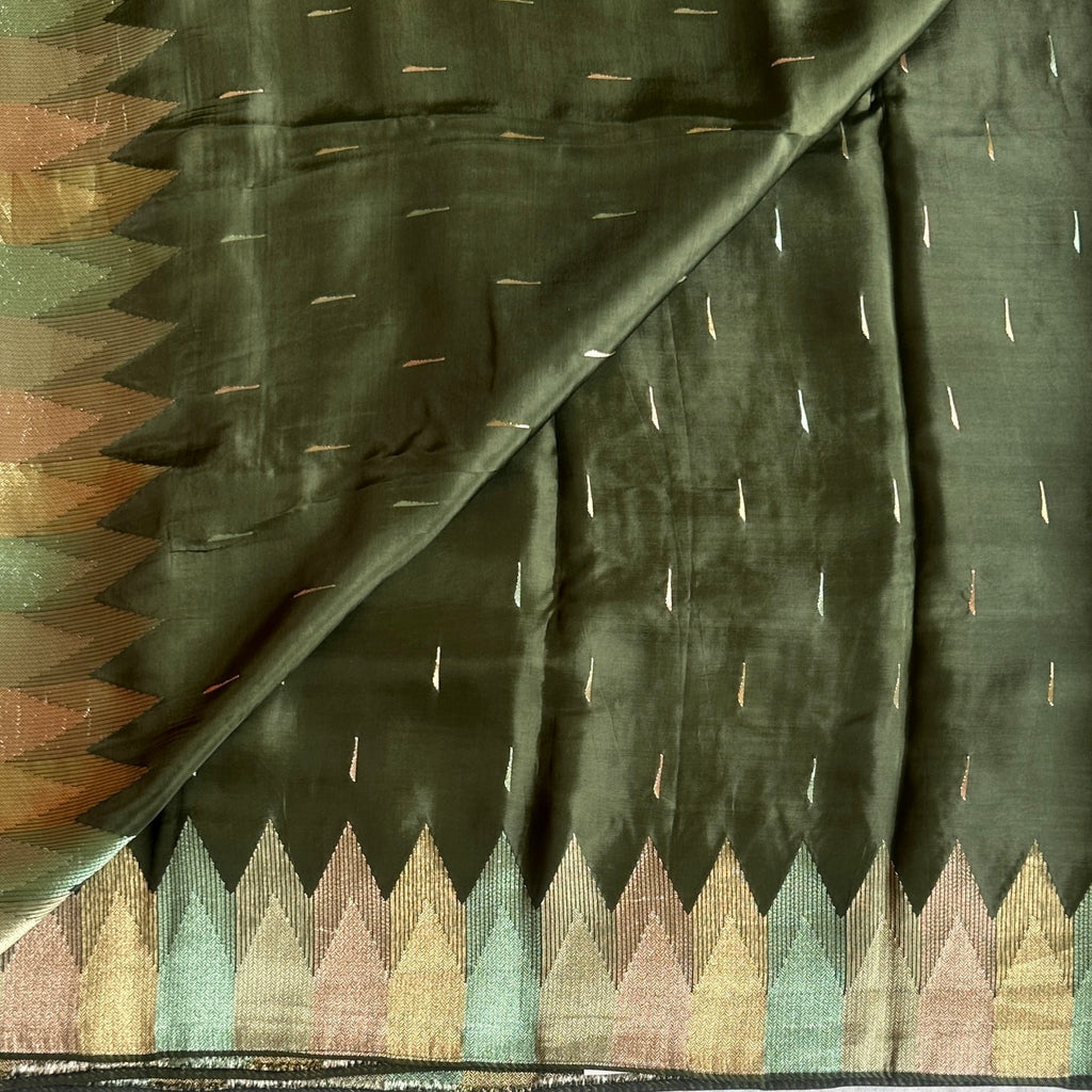Olive Green soft satin crepe with designer borders n pallu