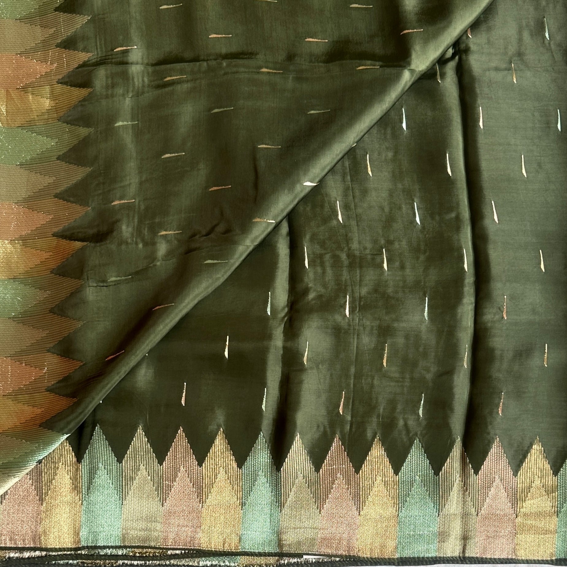 Olive Green soft satin crepe with designer borders n pallu