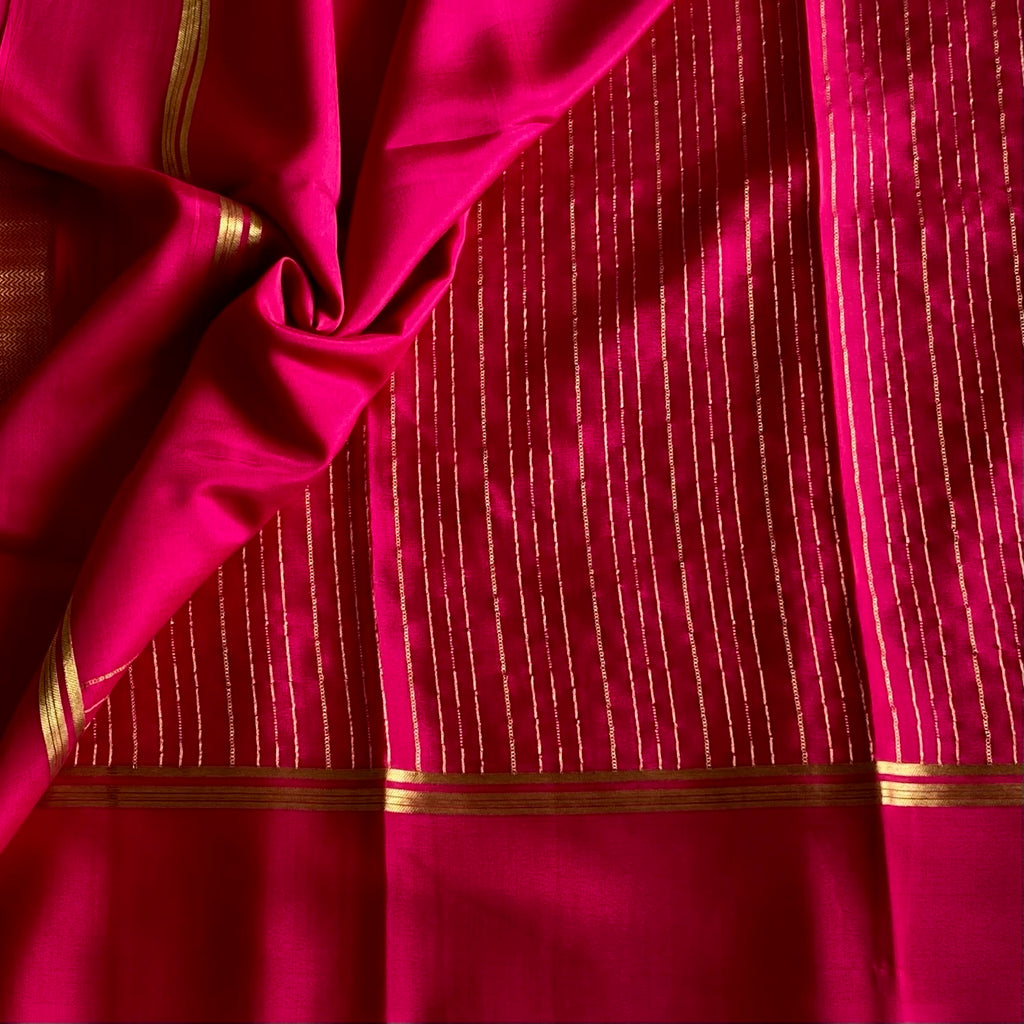 Rani Pink Mysore Crepe Silk Saree With Gold Striped Border