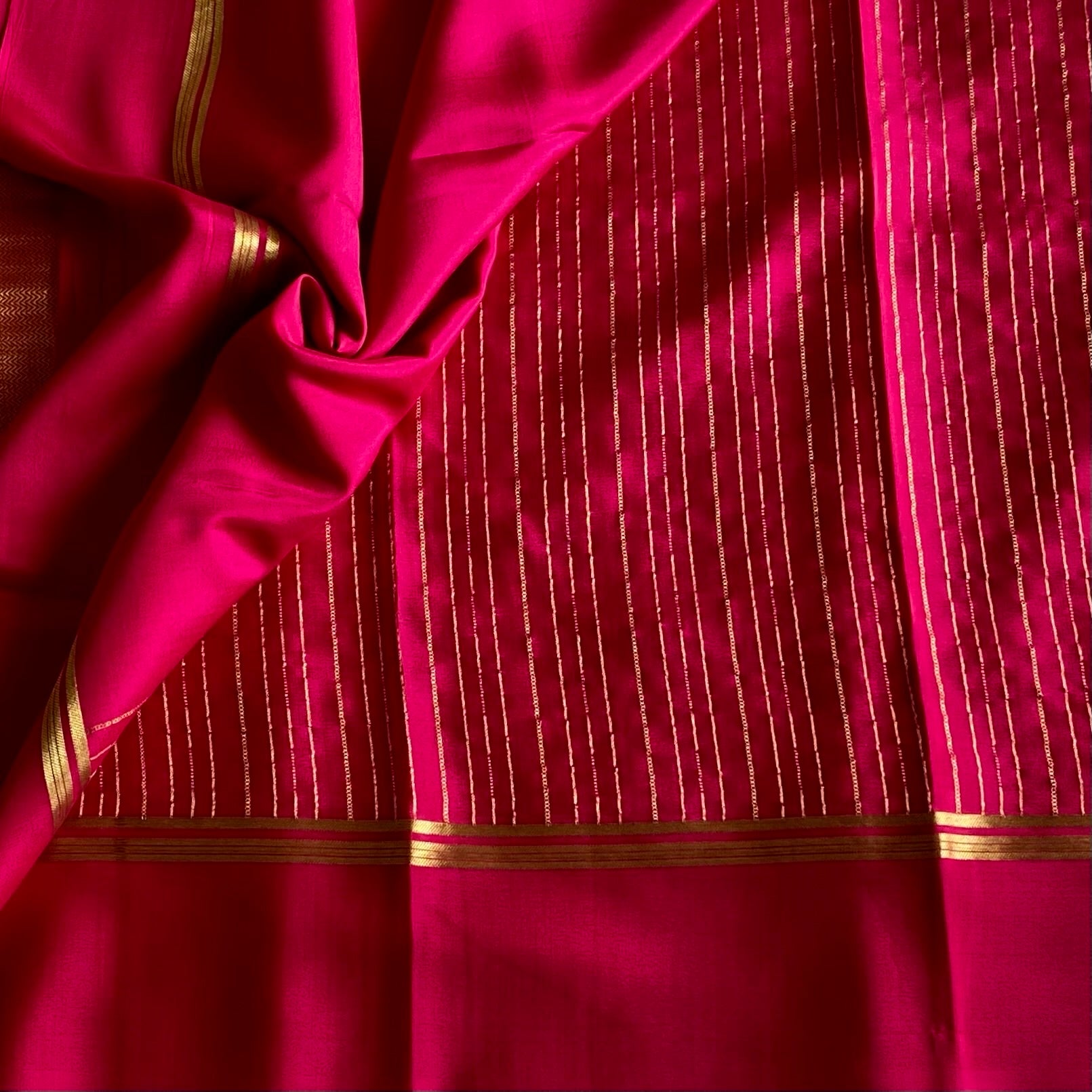Rani Pink Mysore Crepe Silk Saree With Gold Striped Border