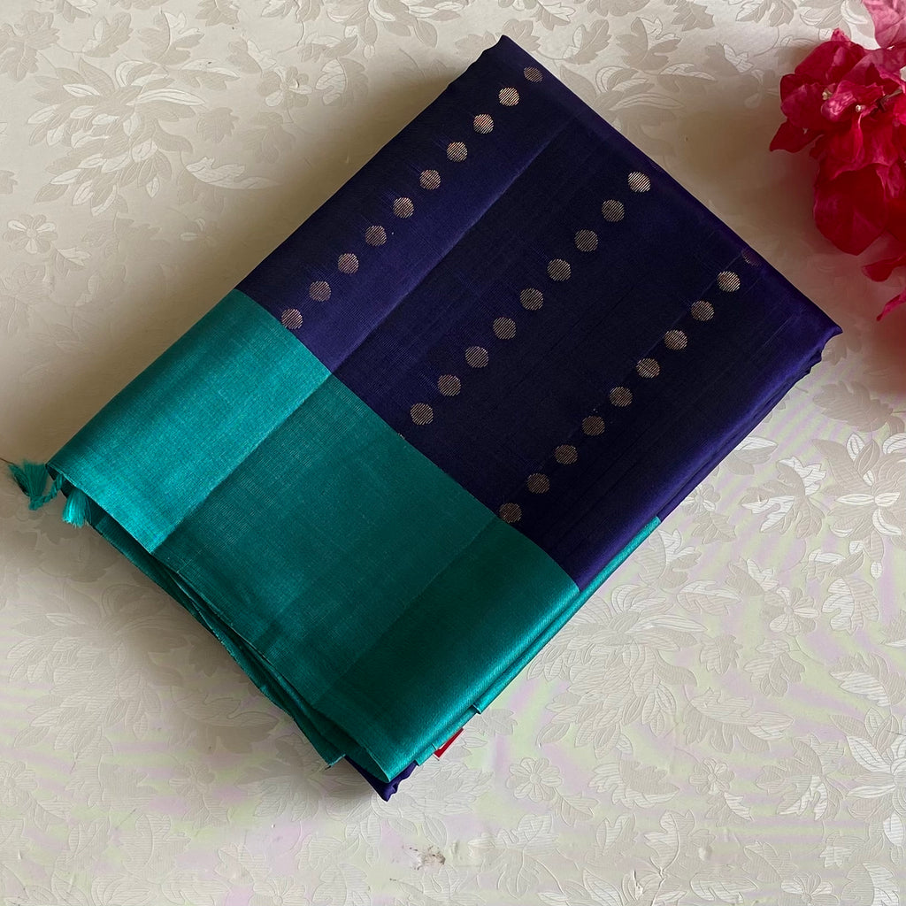 Royal Blue Designer Pure Silk With Turquoise Blue Pallu