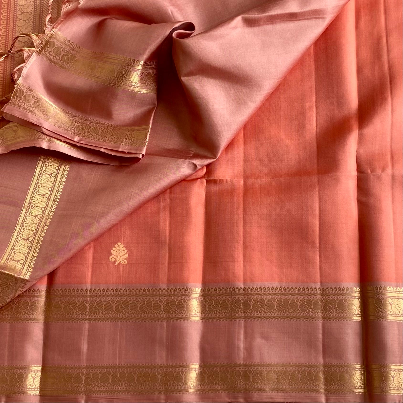 Coral Peach Designer Pure Silk Saree With Blush Pink Gold Brocade Border
