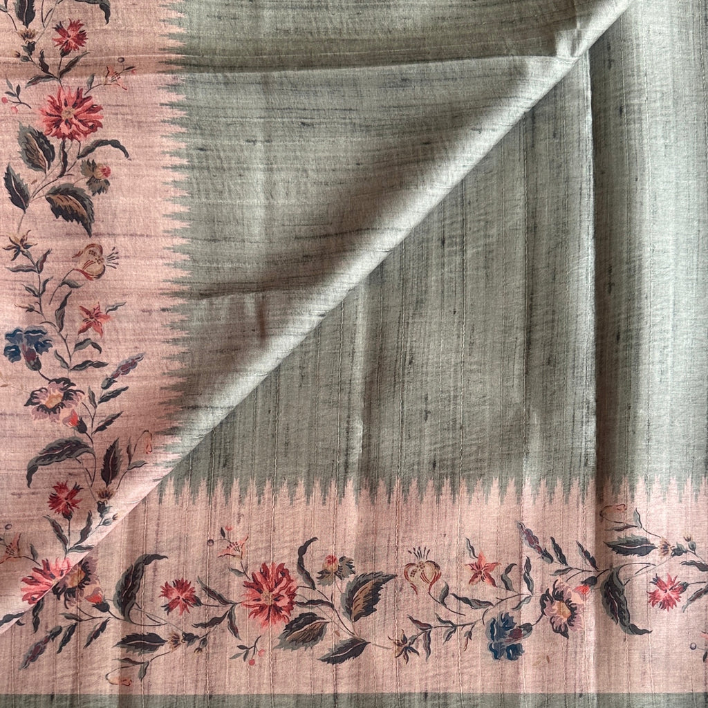 Sage Green Dusty Rose Floral Pallu Printed Border Tassel Saree