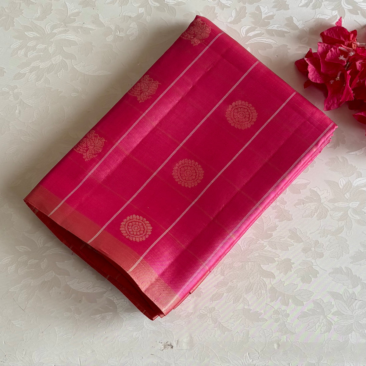 Sorbet Pink Checketed Designer Pure Silk With Peach Gold Pallu