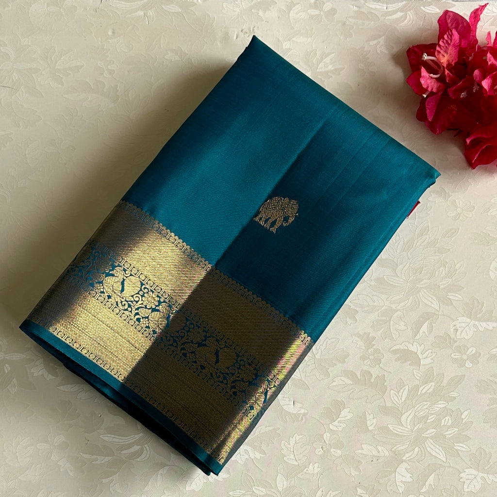 Teal Blue Kanjeevaram Pure Zari Silk Saree With Antique Gold Brocade