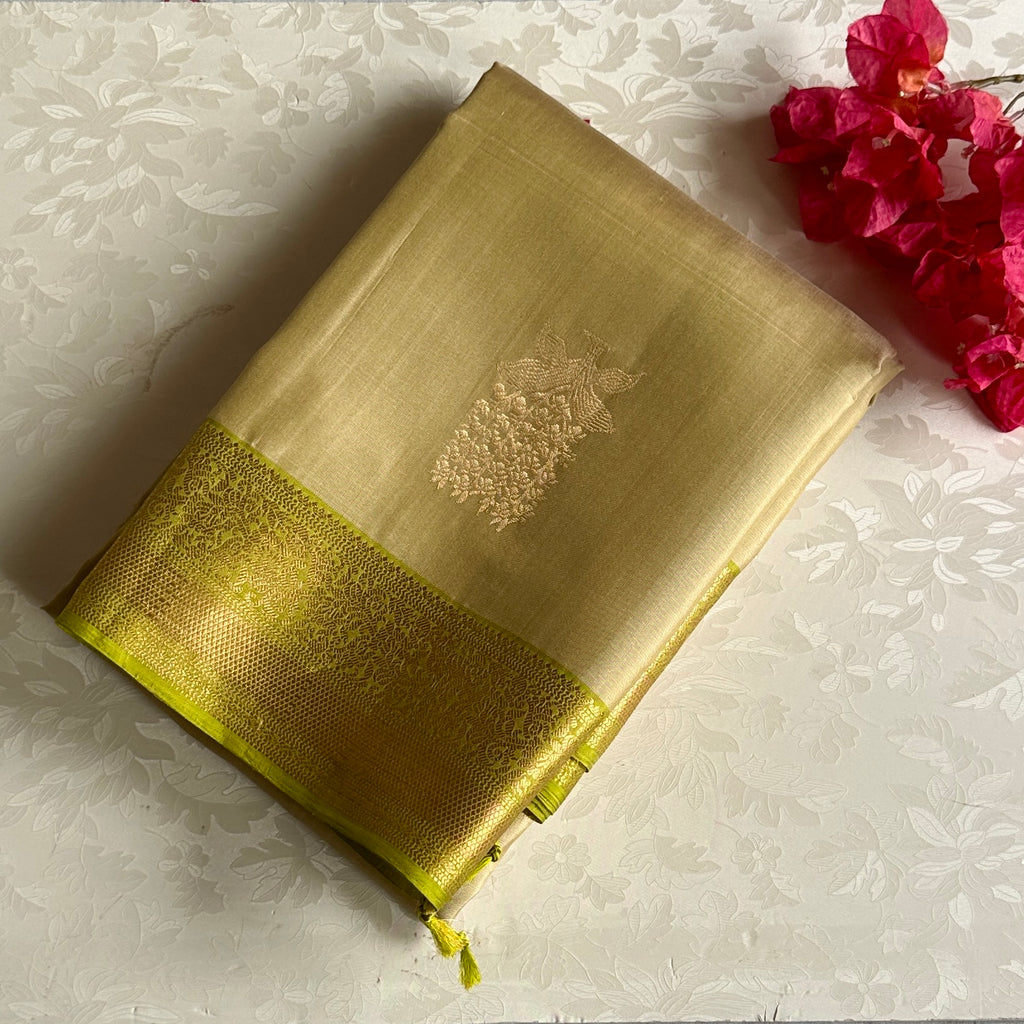 Champagne Gold Designer Pure Silk Saree With Chartreuse Green Pallu