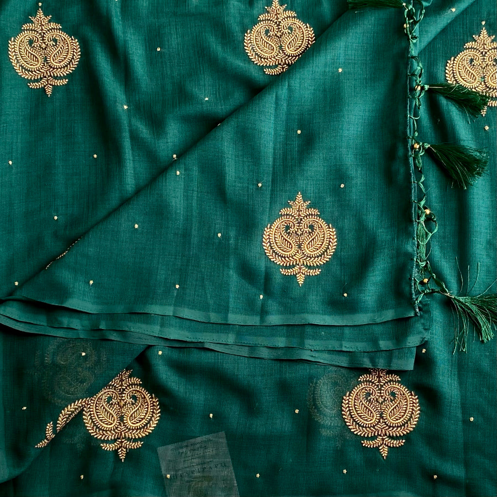 Emerald Green Soft Jute Tussar Saree With Metallic Gold Butis