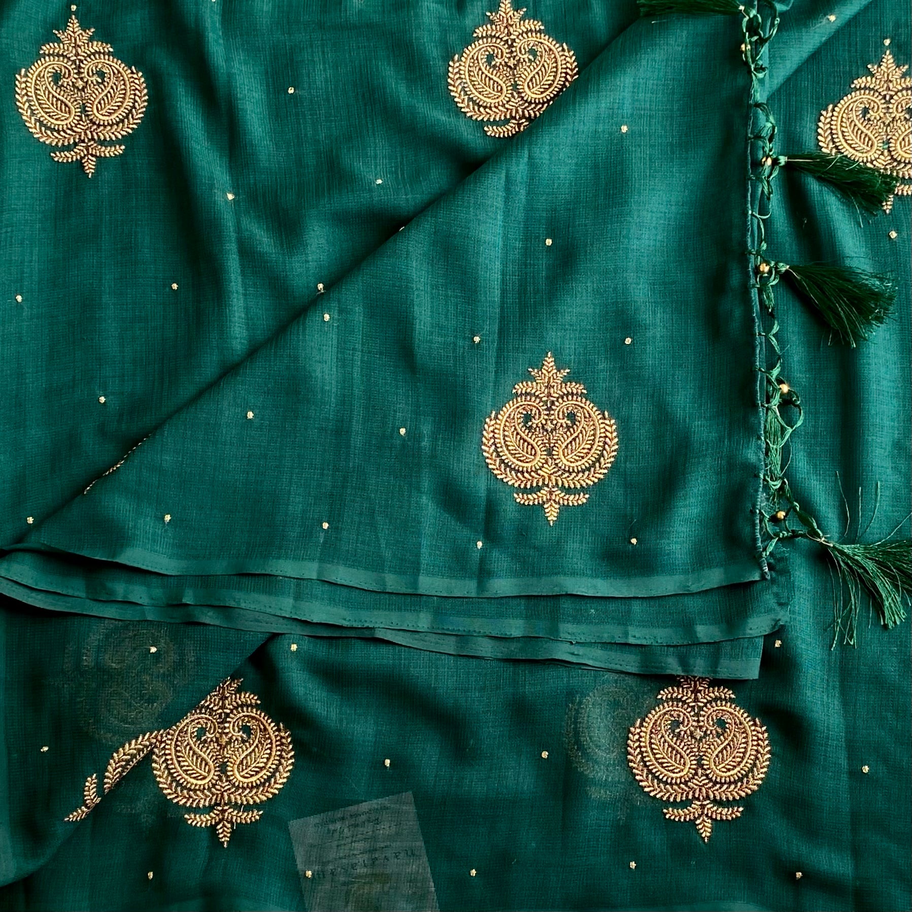 Emerald Green Soft Jute Tussar Saree With Metallic Gold Butis