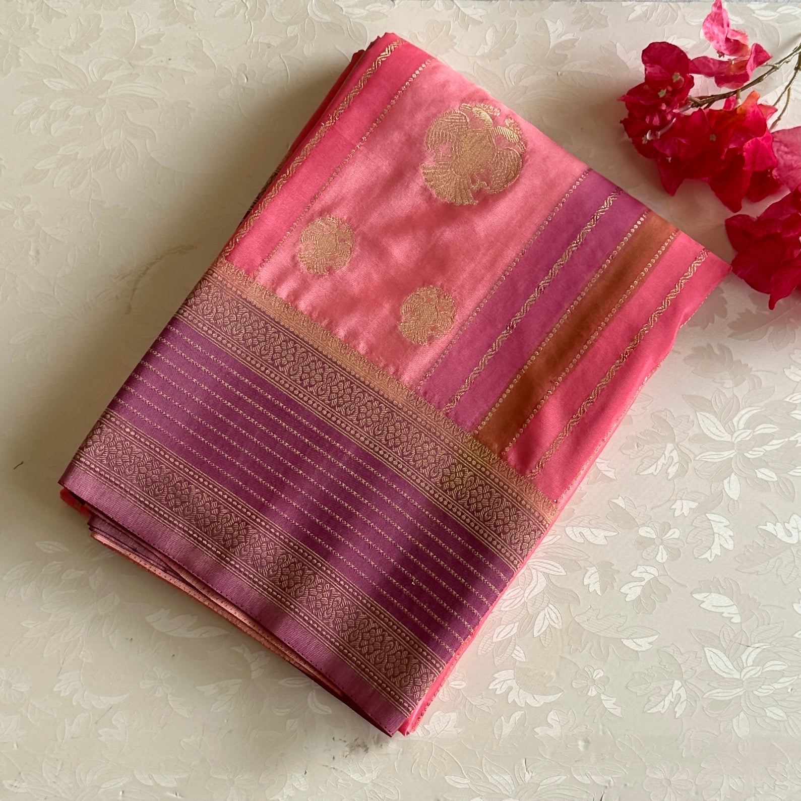 Coral Pink With Plum Soft Crepe Silk with Traditional Gandaberuna Buttas