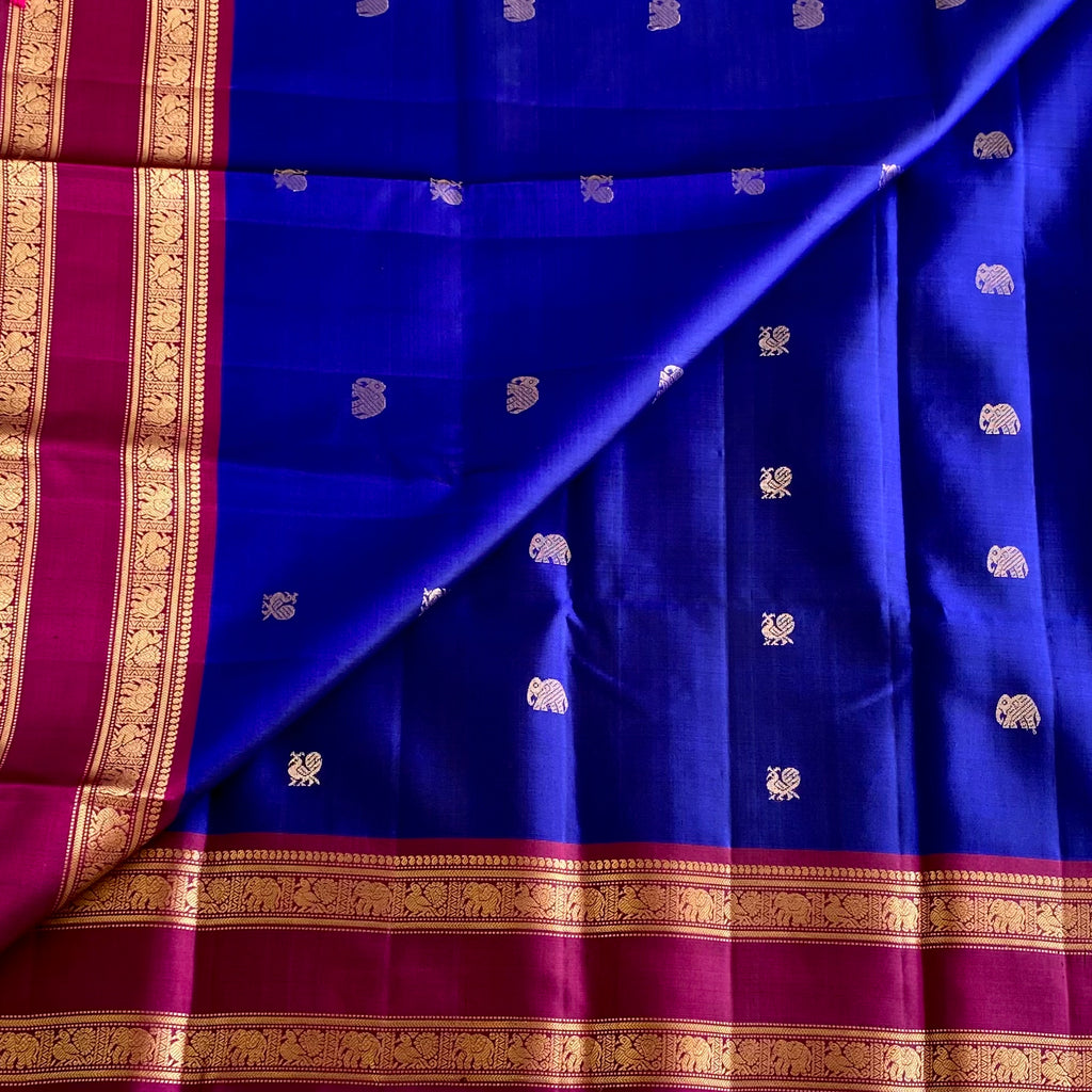 Royal Blue Designer Pure Silk With Luxurious Magenta Pallu