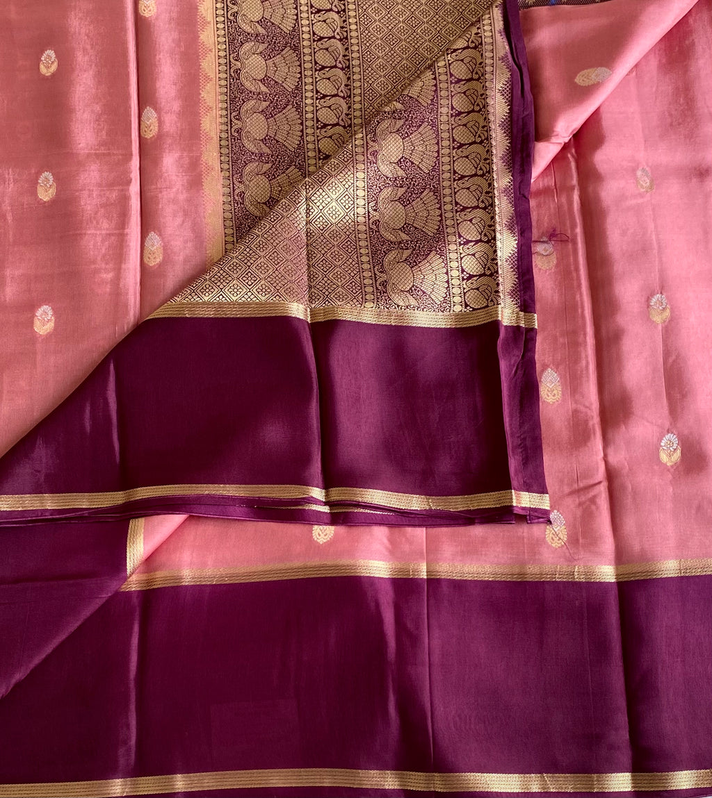 Peach Pink Soft Tussar Silk Saree With Plum Purple Border Pallu