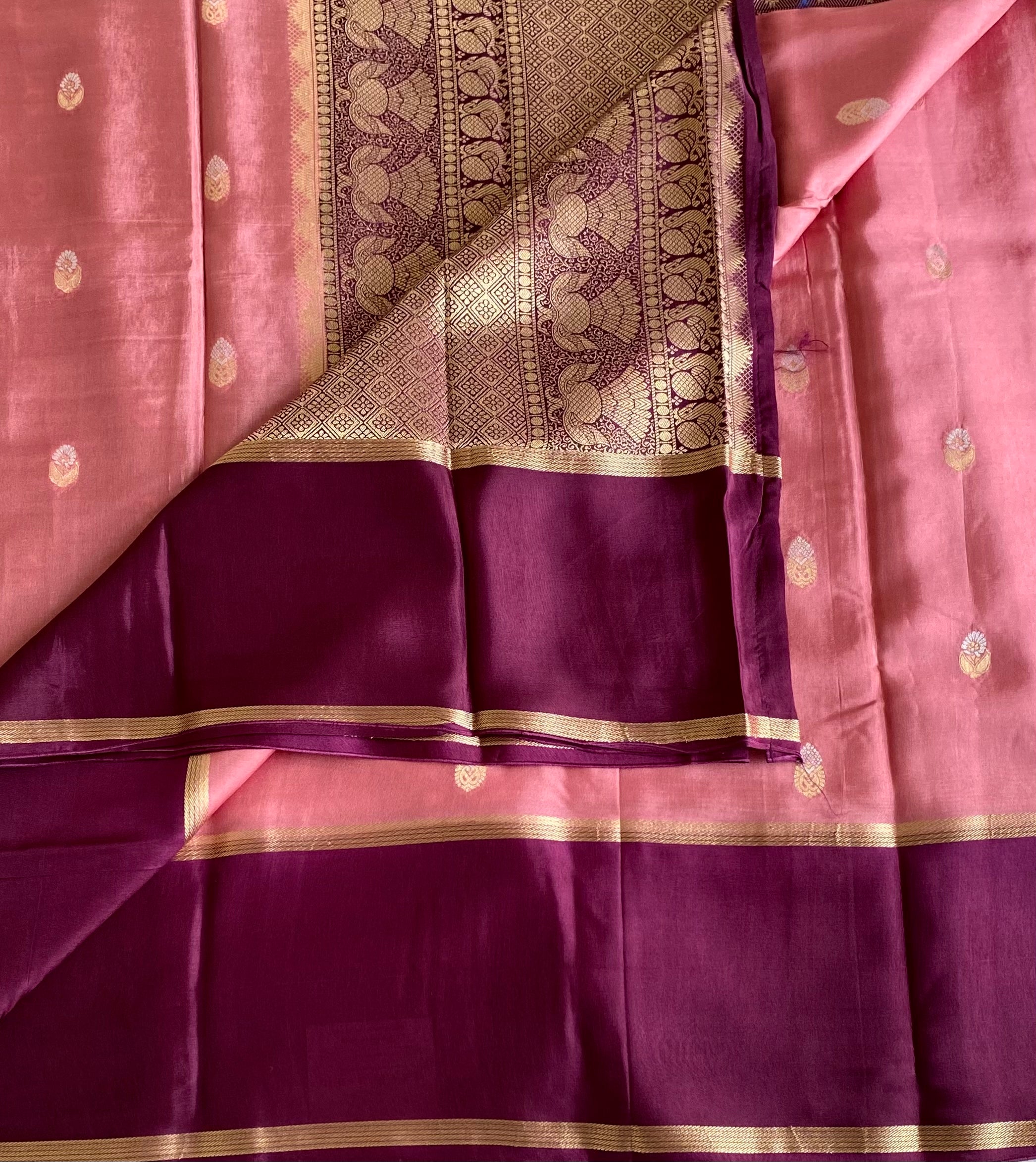 Peach Pink Soft Tussar Silk Saree With Plum Purple Border Pallu
