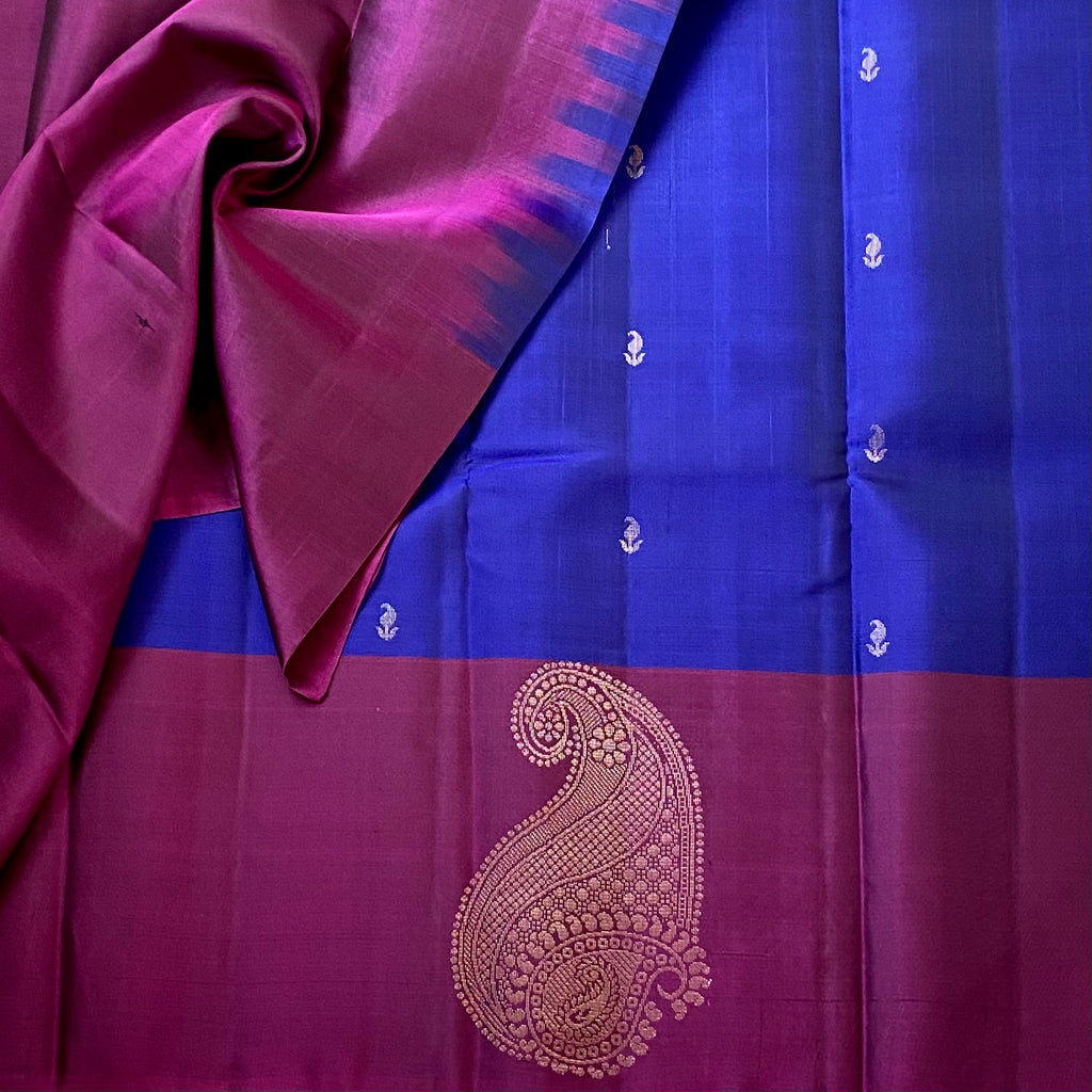Deep Blue Magenta Silk Saree Gold Brocade Paisley Pallu Wedding