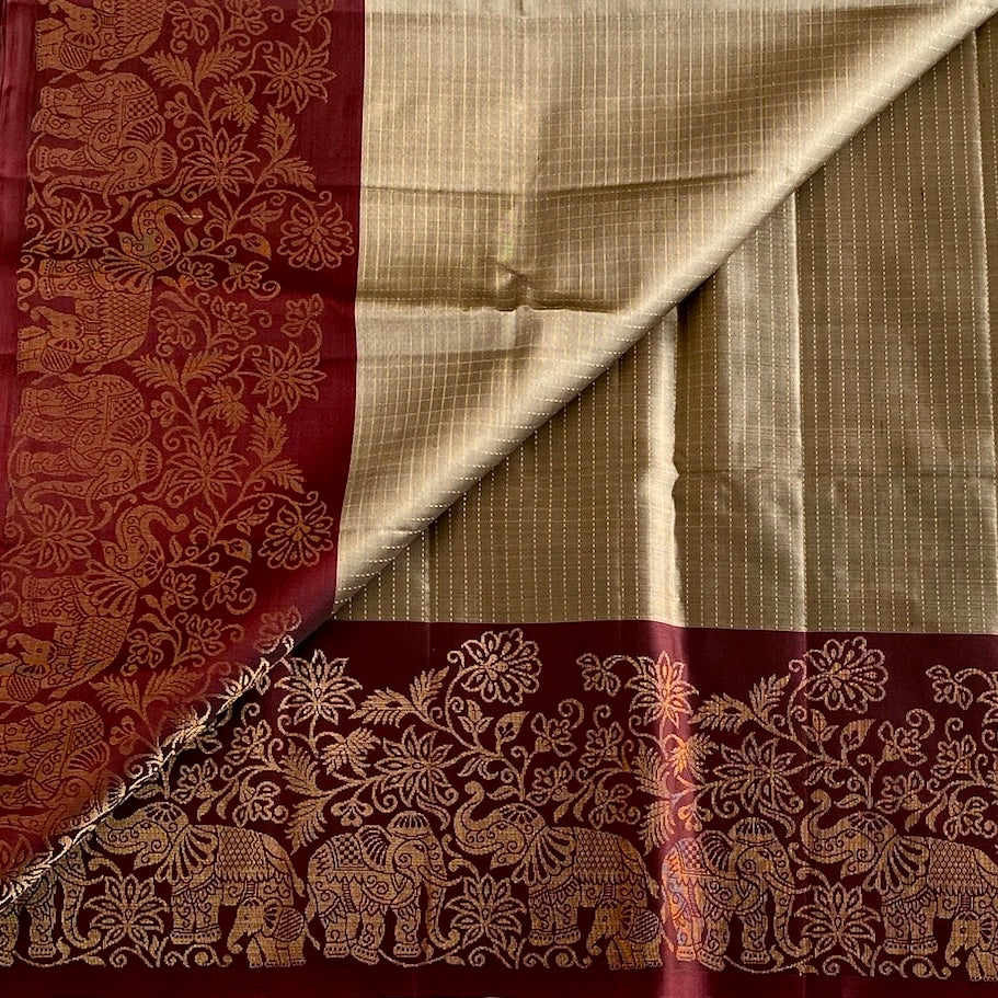 Champagne Greyish Gold Designer Pure Silk Saree With Burgundy Brown Pallu