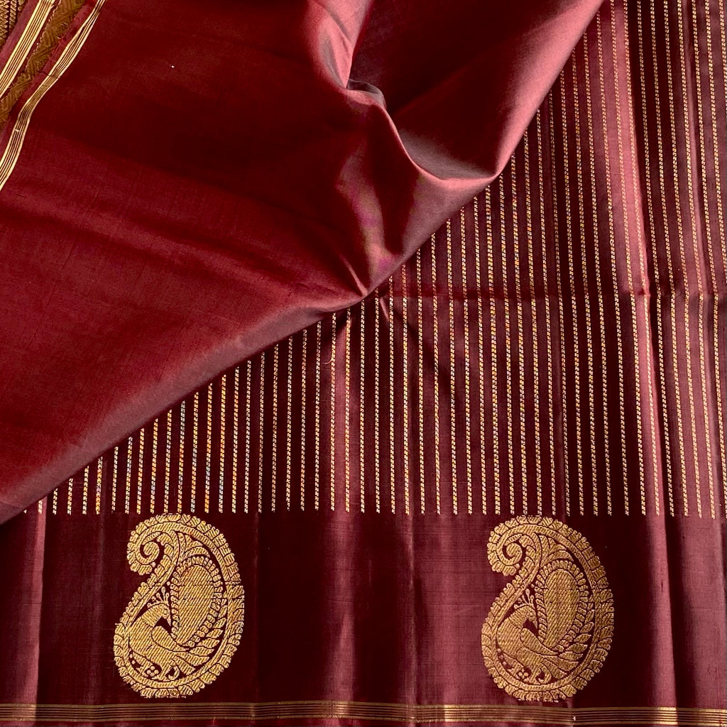 Espresso Chocolate Designer Pure Silk Saree With Antique Gold Brocade Pallu