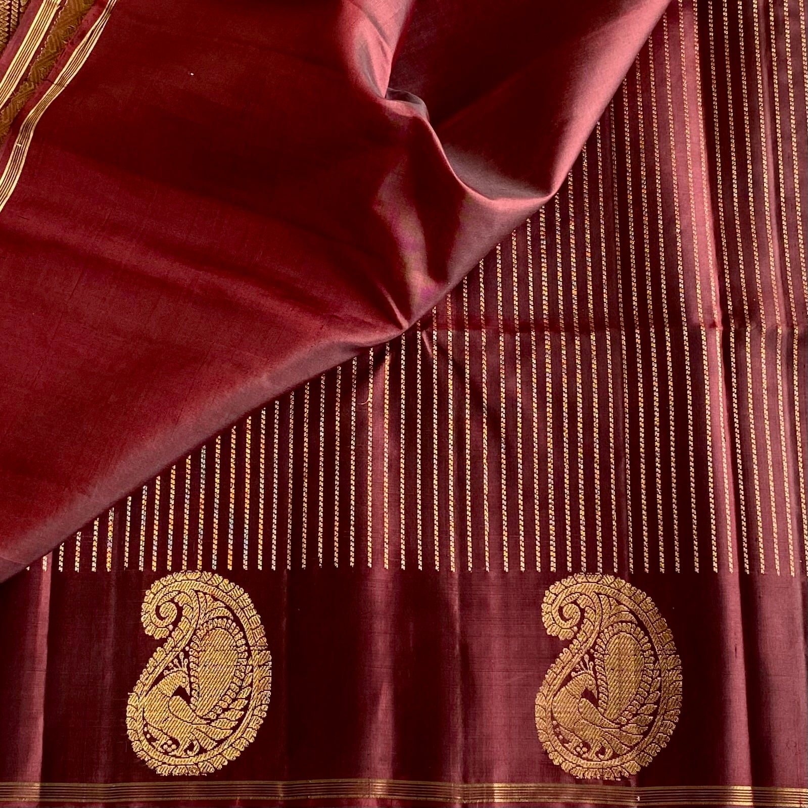 Espresso Chocolate Designer Pure Silk Saree With Antique Gold Brocade Pallu