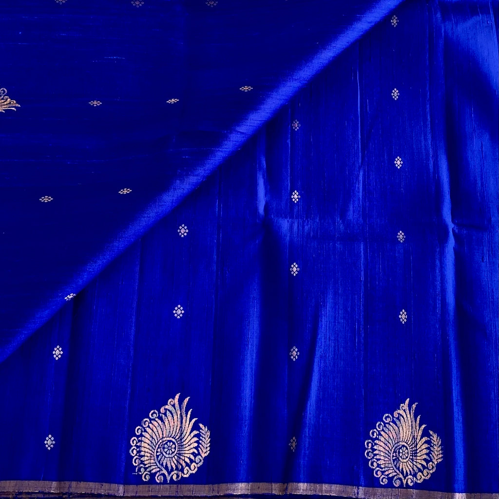 Royal Blue Designer Pure Raw Silk Saree With Golden Yellow Blouse