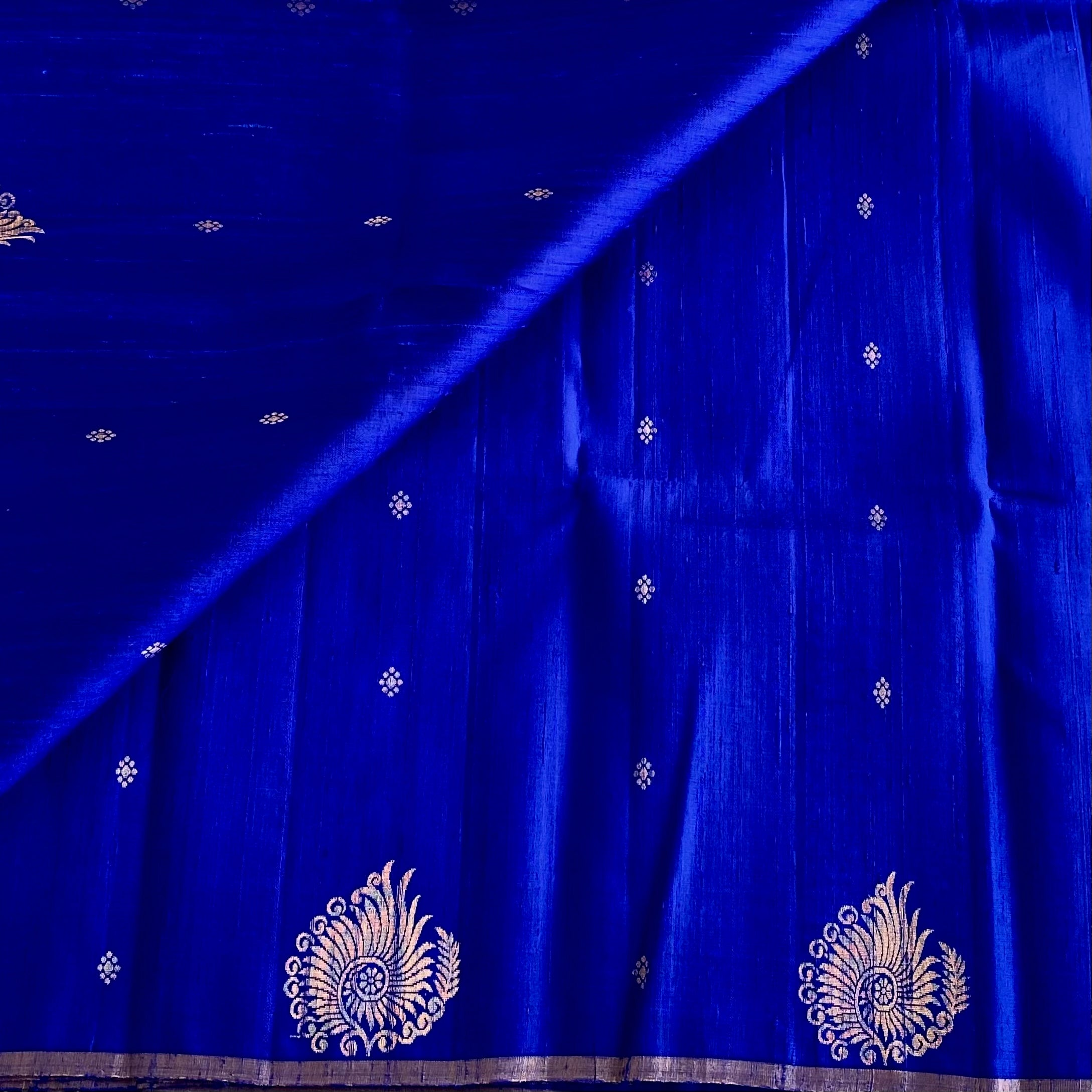 Royal Blue Designer Pure Raw Silk Saree With Golden Yellow Blouse