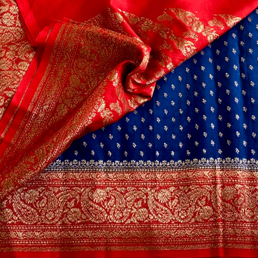 Royal Denim Blue Banarasi Crepe Silk Saree With Scarlet Red  Border