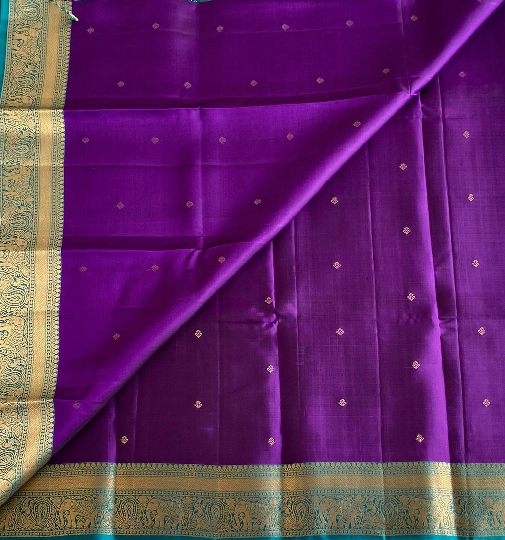 Royal Purple Designer Pure Silk Saree With Teal Blue Pallu